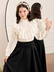 SHEIN Tween Girls Solid Apricot Elegant Delicate Retro Palace Style Stand Collar Ruffle Jacquard Textured Button Flare Sleeve Apricot Blouse, For Daily Wear, Back To School,Tween Girl Clothes,Babydoll Top,White Top,White Shirt,Long Sleeve Tops - Beige - View 4