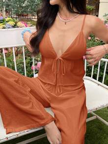 Comfortcana 女士夏季橙色亚麻吊带背心和裤子两件套 - 亮橙色 - 查看 4