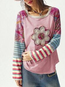 Bohemela Áo thun cổ tròn in họa tiết chắp vá BOHO thường ngày dành cho nữ, mùa thu - Hồng - Xem 2