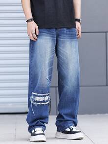Manfinity Roghcode Jeans rectos casuales y de moda para hombres, con roturas y deshilachados, apropiados para el uso diario - Azul lavado medio - Ver 4