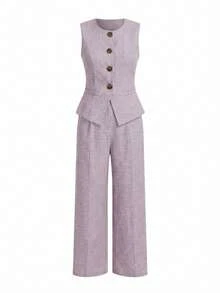Ellevyn Plus Size Women Elegant Work Vest & Pants 2 Pieces Set, Summer Outfits - Dusty Purple - View 8