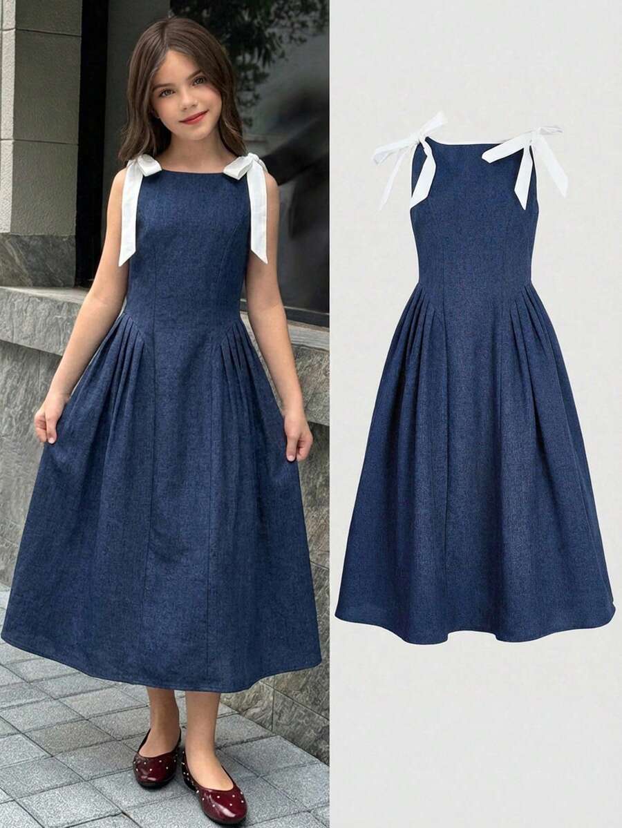 Firerie Kids 少女撞色蝴蝶结腰带连衣裙,休闲优雅时尚百搭,适合日常穿着,也适合参加典礼、派对等各种场合,新款女童连衣裙 - 藏蓝色 - 查看 1