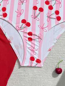 SHEIN 少女可爱蝴蝶结樱桃印花荷叶边连体泳衣，适合游泳、度假、夏季海滩 - 彩色 - 查看 7