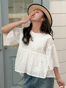 Dazy Kids Tween Girls' Floral Embroidery Decor Round Neck Casual Versatile Daily Wear Short Sleeve Blouse Summer - White - View 3