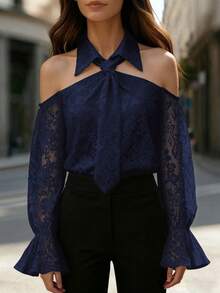 EMERY ROSE Blusa elegante de encaje con hombros descubiertos y mangas con volantes para mujer, incluye lazo, apta para primavera, verano y otoño - Azul Marino - Ver 5