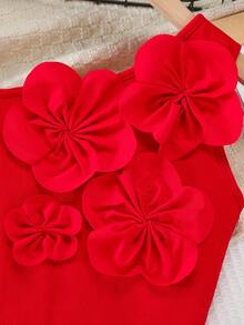 SHEIN 少女休闲优雅紫色不对称肩部修身简约3D立体花卉装饰连体裤，适合派对、聚会、婚礼、春夏穿着。 - 紫色 - 查看 7