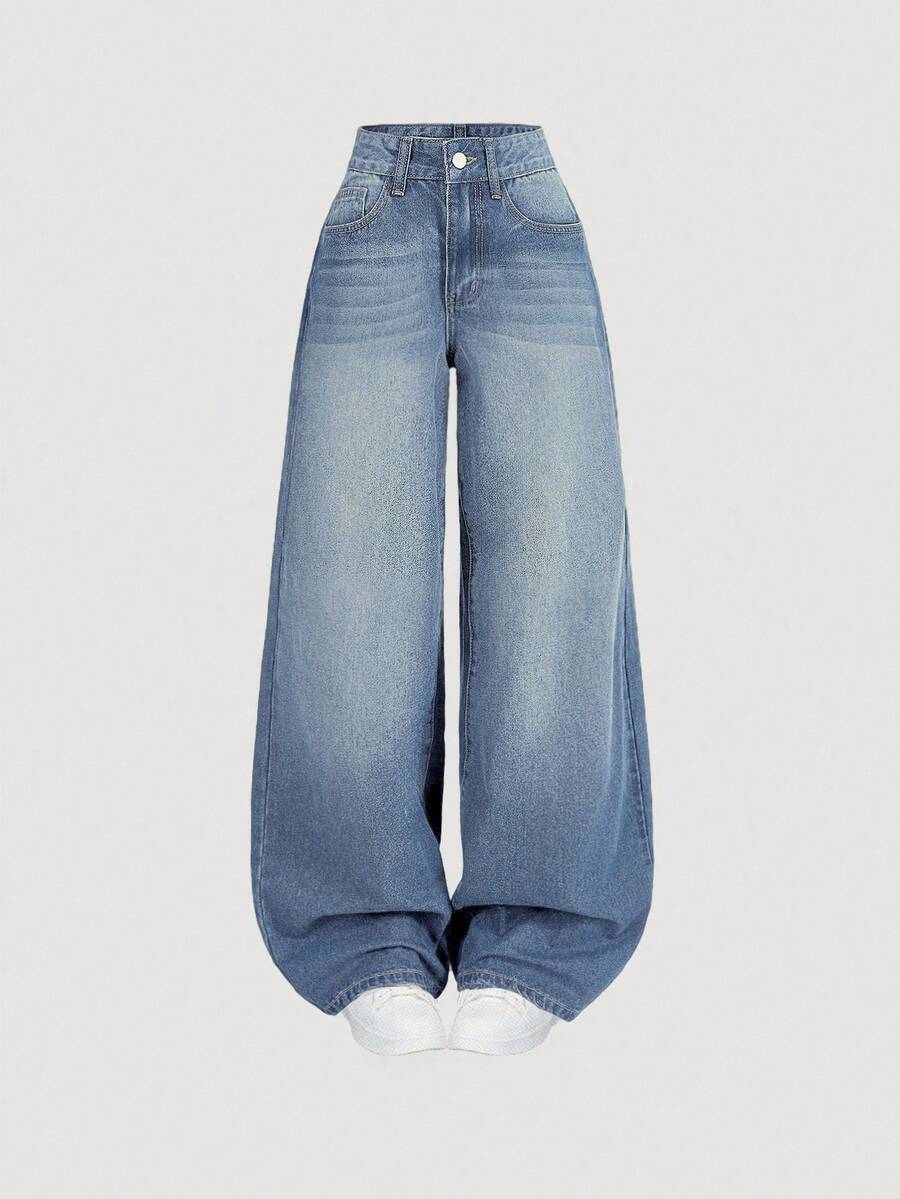 SHEIN ICON Quần jean ống rộng màu xanh dương dáng casual dành cho nữ, có thắt lưng. - Rửa nhẹ - Xem 1