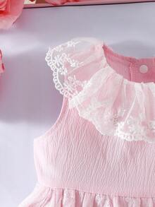SHEIN Newborn Baby Girl Lace Collar Sleeveless Lightweight Mesh Dress, Suitable For 100-Day Celebration, Family Photos, And Attending Weddings, Spring/Summer Newborn Pink Dress Pink Ruffle Newborn Clothes Luxury Dress For Newborn Baby Girl Pink Dress - Pink - View 5