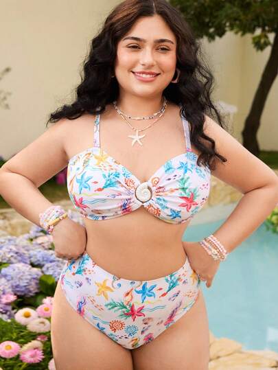 Swim Mod 2026 New Summer Beach Vacation Cute Sweet Swimsuit, Fashion Summer Vacation Sexy Ocean Element Shell Decor Bandeau Strapless 2 Pieces Bikini Set, Plus Size Swimwear Set