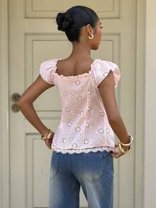 Almamuse Áo kiểu nữ phong cách boho thanh lịch và thoải mái, màu hồng viền ren, cài cúc phía trước, tay bồng, thích hợp cho kỳ nghỉ thư giãn, buổi hẹn hò lãng mạn, ngày đi học hoặc kỳ nghỉ biển. - Hồng - Xem 2