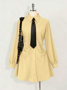 DreamSkyne Plus Size Elegant Waist Ruched Shirt Dress - Yellow - View 3