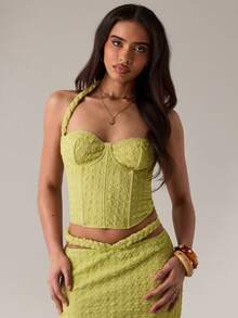 SHEIN BAE Mustard Green Beach Holiday Halter Neck Crochet Textured Seamless Bralette, Suitable For Beach Holiday, Green Seamless Bra, Summer Camisole, South France Holiday, Ibiza - Green - View 1