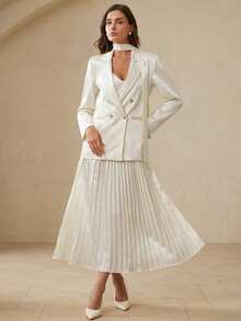 BELROSIE Elegant Women's Satin Patchwork Pleated Hem Slip Dress Paired With Classic Satin Blazer Suit, Suitable For Dates, Daily Commute And Work - White - View 3