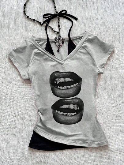 Attitoon Women's Casual Retro Chic Portrait & Lip Print V-Neck Halter Contrast Color Short Sleeve T-Shirt, Suitable For Summer, Outings, Street Style, Music Festivals, Carnivals, Beach, Parties
