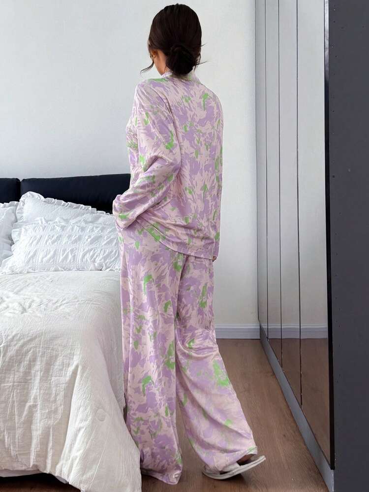 Allover Print Contrast Color Lace Patchwork Women Pajama Set