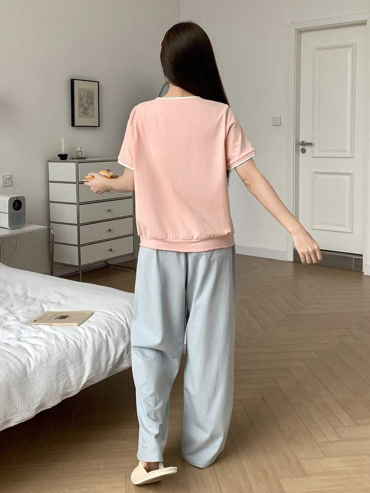 2pcs Women Summer Pajama Set: Deer Embroidery Short Sleeve Top And Solid Color Straight Leg Pants