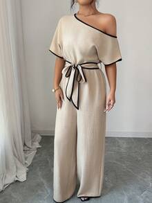 Rafferiza Casual Vacation Asymmetric-Shoulder Textured Soft Elastic Waist Comfortable Flared Leg Pants, Khaki, Spring/Summer - Khaki - View 7