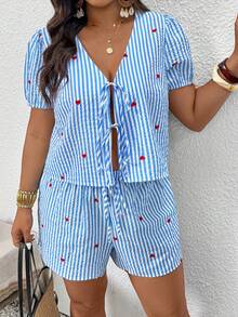SHEIN Frenchy Women's Blue And White Deep V Neck Puff Short Sleeve Blouse And Shorts Set Plus Size Summer Vacation Coords Outfit Beach Vacation Cute - Blue - View 6
