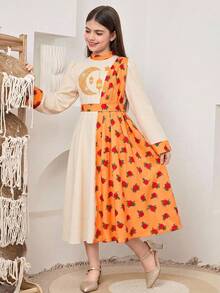 SHEIN 少女碎花修身休闲圆领雪纺连衣裙，姐妹装，适合日常穿着、节日、家庭聚会和特殊场合，春夏季节，度假必备。 - 黃色 - 查看 3