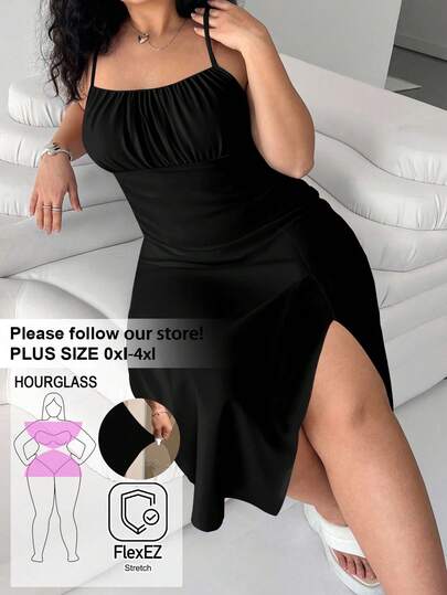 SHEIN EZwear Vestido casual con tirantes de espagueti, estampado total y bajo con abertura para mujeres de talla grande, atuendos de playa, estilo bohemio, ropa de primavera, vestido de fiesta de vacaciones, vestido hawaiano para mujer, vestido casual para mujer