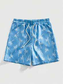 ROMWE MEN Casual Men's Summer Beach Vacation Coconut Tree Print Shirt Set - Blue - View 8