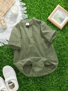 SHEIN 男女宝宝休闲日常穿着立领按扣连体衣，适合春夏室内/室外穿着 - 綠色 - 查看 6