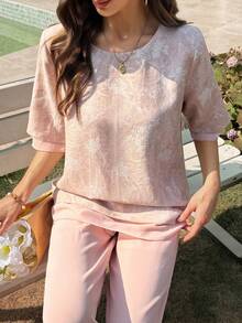 Vivie Lora Women's Round Neck Loose Fit Floral Print Two Pieces Set Summer - Pink - View 2