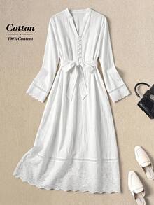 Rusticease Đầm dài tay nữ màu trơn cổ chữ V có thắt lưng, kiểu dáng thường ngày. - trắng - Xem 1