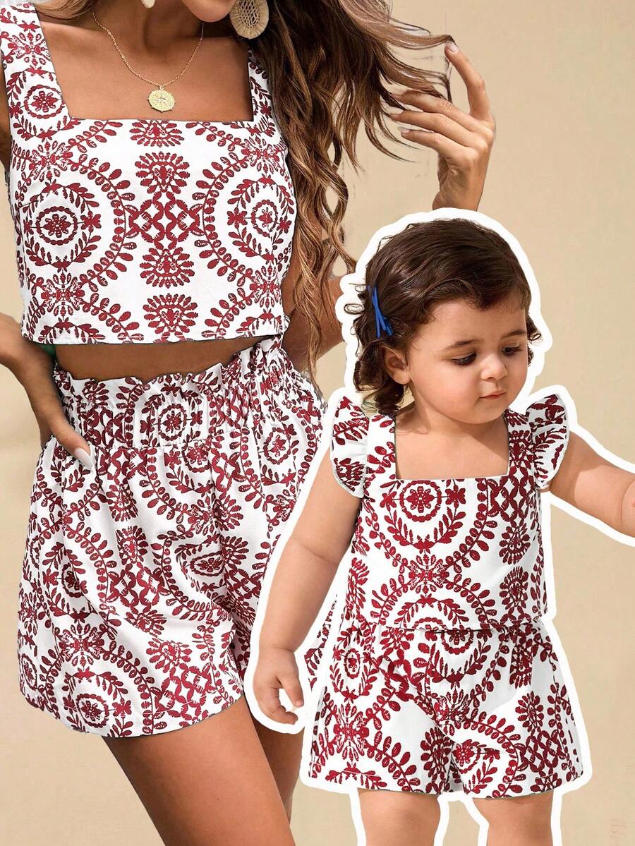 Travachic KIDS Baby Girl & Mom Matching Ditsy Floral Square Neck Ruffled Camisole And Shorts Set, 2pcs, Suitable For Vacation, Outing, Travel,Kids - Red - View 1