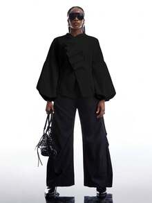 SHEIN EZwear 大码新款简约秋冬女式纯色荷叶边泡泡袖时尚衬衫，灯笼袖衬衫，泡泡袖衬衫，白色衬衫，优雅白色长袖衬衫 - 黑色 - 查看 6