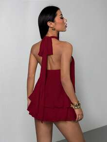 SHEIN PETITE 女款優雅米色掛脖綁帶迷你洋裝、女款酒紅色上衣短褲套裝、露背洋裝，適合嬌小女性 - 酒紅色 - 查看 2