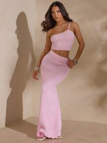 SHEIN Glamour Set de 2 piezas de suéter elegante de punto rosa para mujer, conjunto de suéter estilo playa - Rosa - Ver 6