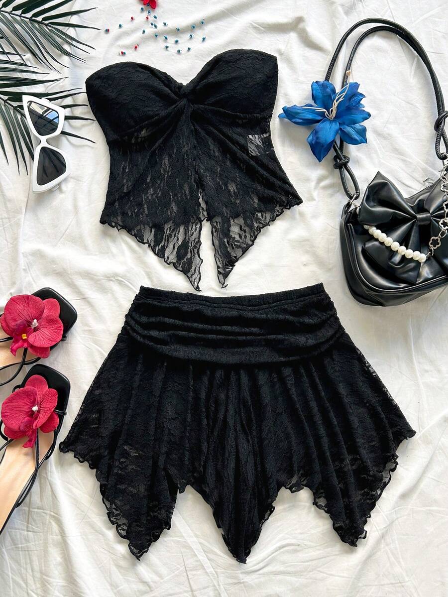 Soleia 女士夏季休闲纯色蕾丝吊带背心和半裙两件套 - 黑色 - 查看 1