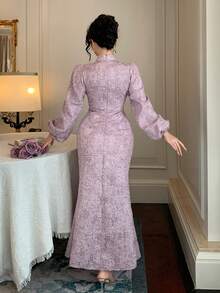 DAZY Đầm in hoa màu tím mùa xuân hè, đầm midi dáng xòe thanh lịch với tay phồng, thích hợp cho đám cưới, tiệc tùng, các dịp trang trọng. - Hồng - Xem 7