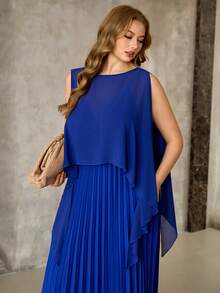 Roveilla 大码女装新款时尚优雅藏蓝色吊带腰部褶皱连衣裙，雪纺圆领裹身两件套 - 寶藍色 - 查看 4