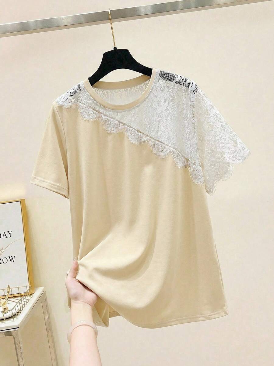 EMERY ROSE Plus Size Women Lace Patchwork Casual T-Shirt, Commuting & Leisure Wear - Apricot - View 1