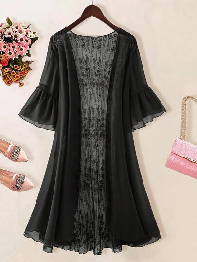 GlowEve CURVE Plus Size Black Lace Patchwork Cardigan, Mid-Length, 3/4 Sleeve, Elegant Sun Protection, Loose & Slimming Lightweight Outerwear