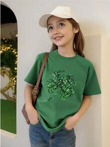 女童休闲四叶草印花圆领短袖T恤，适合圣帕特里克节穿着 - 粉色 - 查看 5