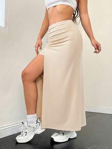 SHEIN EZwear 女款純色百褶開衩裙，休閒大腿長度修身自然杏色裙，適合春季/秋季日常穿著 - 杏色 - 查看 5