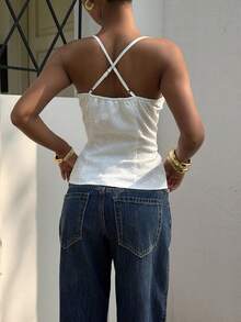 Lucivie 女士休闲优雅波西米亚风白色蕾丝无袖束身胸衣，系带设计 - 优雅女性化派对日常短款上衣，适合休闲度假/浪漫约会/上学/海滩度假/通勤等场合 - 白色 - 查看 2