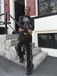 PAVTROS Men's Young Street Style Tight-Fit Crew Neck Long Sleeve T-Shirt, Knit T-Shirt, Tight-Fit Top, Cyberpunk X Street Dark, Black And White Halftone Dot Graphic, Unisex, Dystopian Spy Vibe, Suitable For Summer Sun Protection And Layering In Autumn/Winter, High Utility, Y2K, Cyber, Dancer, DJ/Photographer Outfit, Rapper Outfit, Digital Identity Player, Unisex & Couples, Holiday Gift, Boyfriend Gift - Black - View 1