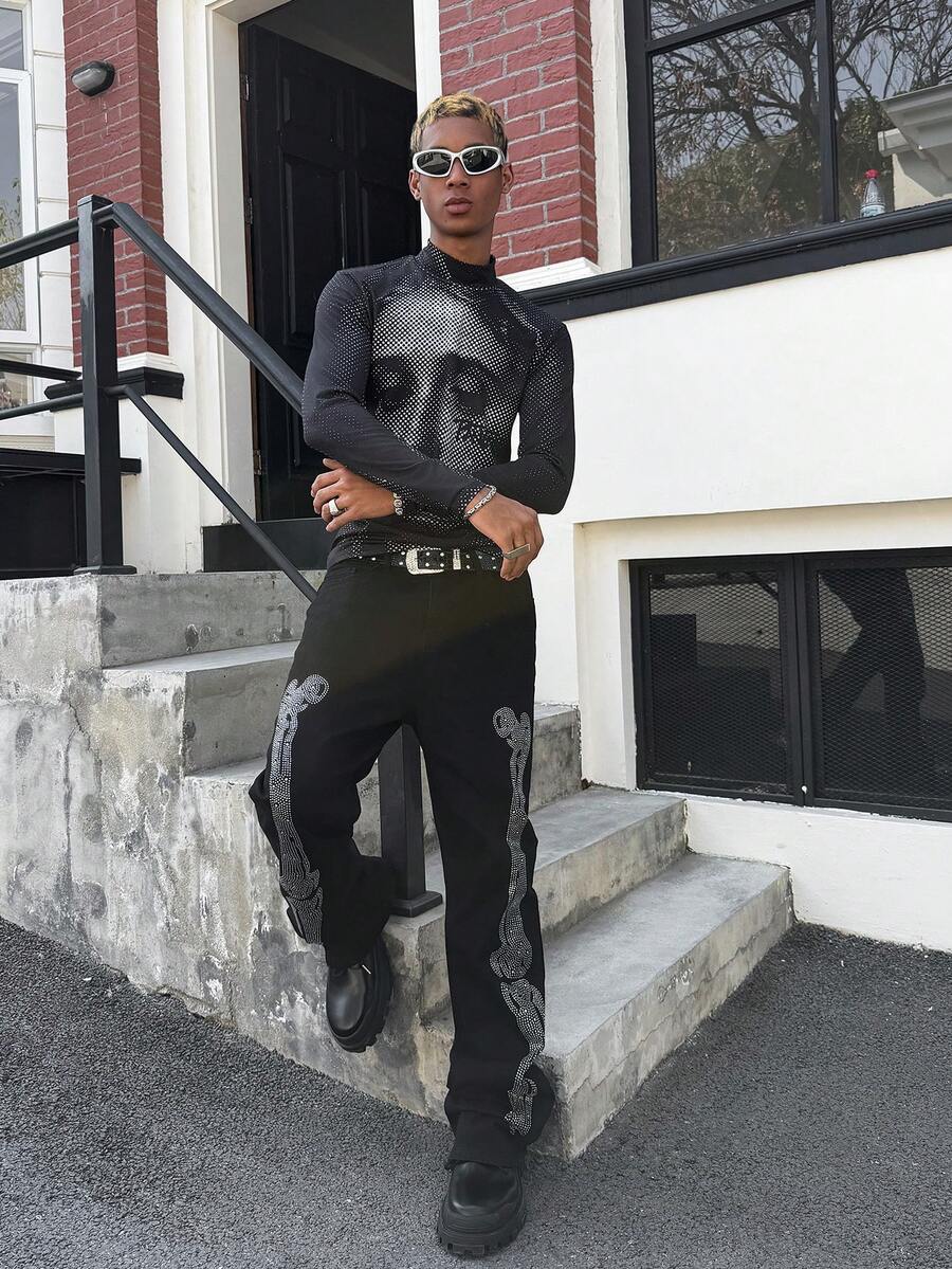 PAVTROS Men's Young Street Style Tight-Fit Crew Neck Long Sleeve T-Shirt, Knit T-Shirt, Tight-Fit Top, Cyberpunk X Street Dark, Black And White Halftone Dot Graphic, Unisex, Dystopian Spy Vibe, Suitable For Summer Sun Protection And Layering In Autumn/Winter, High Utility, Y2K, Cyber, Dancer, DJ/Photographer Outfit, Rapper Outfit, Digital Identity Player, Unisex & Couples, Holiday Gift, Boyfriend Gift - Black - View 1