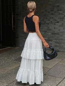 Livesso Falda suelta de mujer con dobladillo de volantes de encaje blanco y parches, adecuada para fiestas de Pascua, vacaciones de verano, primavera y verano - Blanco - Ver 2