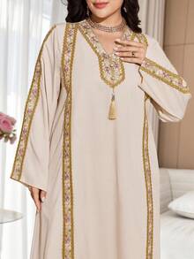 SHEIN Najma 大码女式V领长袖优雅阿拉伯风格连衣裙 - 彩色 - 查看 3