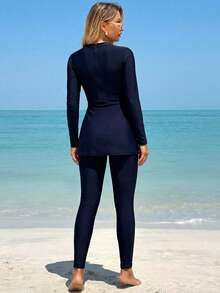 Swim Mulvari 2pcs Women's Middle Eastern Style Modest Burkini Set, Navy Blue Pleated Burkini Top And Long Pants, Elegant Middle Eastern Inspired Swimwear - Navy Blue - View 2