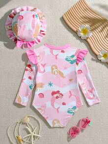 1pc Young Girl One-Piece Swimsuit, Cute Cartoon Pattern, Zipper Design, With Adorable Hat, High Quality Fabric Toddler Girl Long Sleeve Swimsuit Girls Bathing Suits With Rash Guard Swimwear Set 3pcs Girls Longsleeve Kids Girl Rash Guard Flamingo Swimsuit Kids Kids Girl Rash Guard 2 Piece Girl Rash Guard Swimsuit Kids Girls Bathing Suit Long Sleeve Uv Protection Swimwear Girl Toddler Swim Wear Girls Swimwear Modest - Pink - View 3