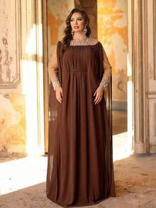 Aureia 优雅棕色加大码女士正式晚礼服，饰有仿珍珠（华丽繁复） - 咖啡棕 - 查看 6