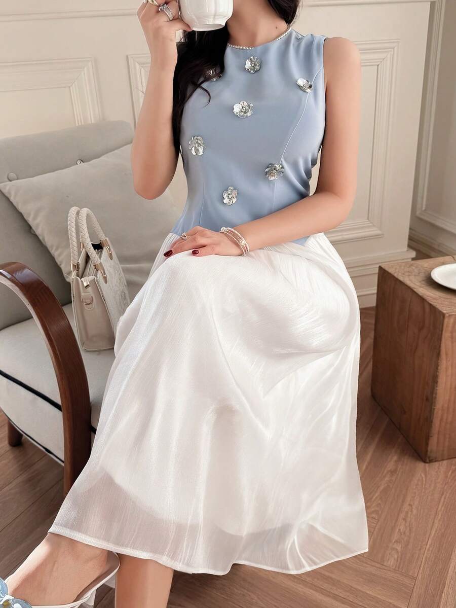 DAZY Women 3D Floral Decor Contrast Color Mid-Length Dress Summer Sundress - Grey - View 1