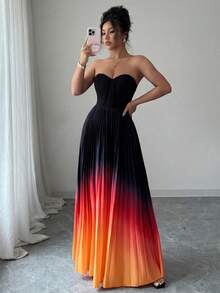 Elenzga Đầm chữ A không dây vai, xếp ly, màu chuyển sắc, thanh lịch, lãng mạn dành cho nữ. - Nhiều màu - Xem 5