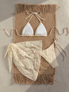 Swim Mod 3-Piece Set, Spring/Summer Vacation Floral Textured Fabric Gold Floral Decor Halter Triangle Bra, Side Tie Bikini Bottoms And Sarong Skirt Sexy Women Swimwear 3-Piece Set Lace Bikini Top Lace Sarong Beach Cover Up Set Bikini Top Bikini With Cover Up Beaded Bikini Top Seashell Outfit Festival Two Pieces Outfit Women Vacation Outfit Sets Bikini Top Cover Up Women's Beach Outfits Women's Holiday Co Ord Bikinis Set For Women With Cover Up - Multicolor - View 2